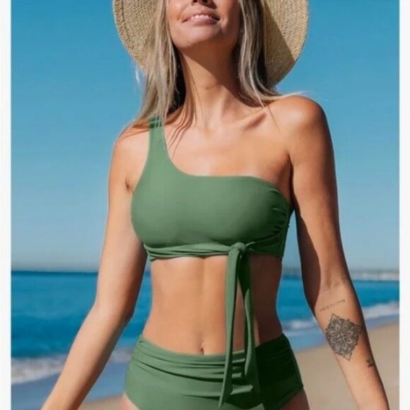 CupShe Women's Two Piece One Shoulder High Waister Bikini Set Size Large NWT - Picture 2 of 6